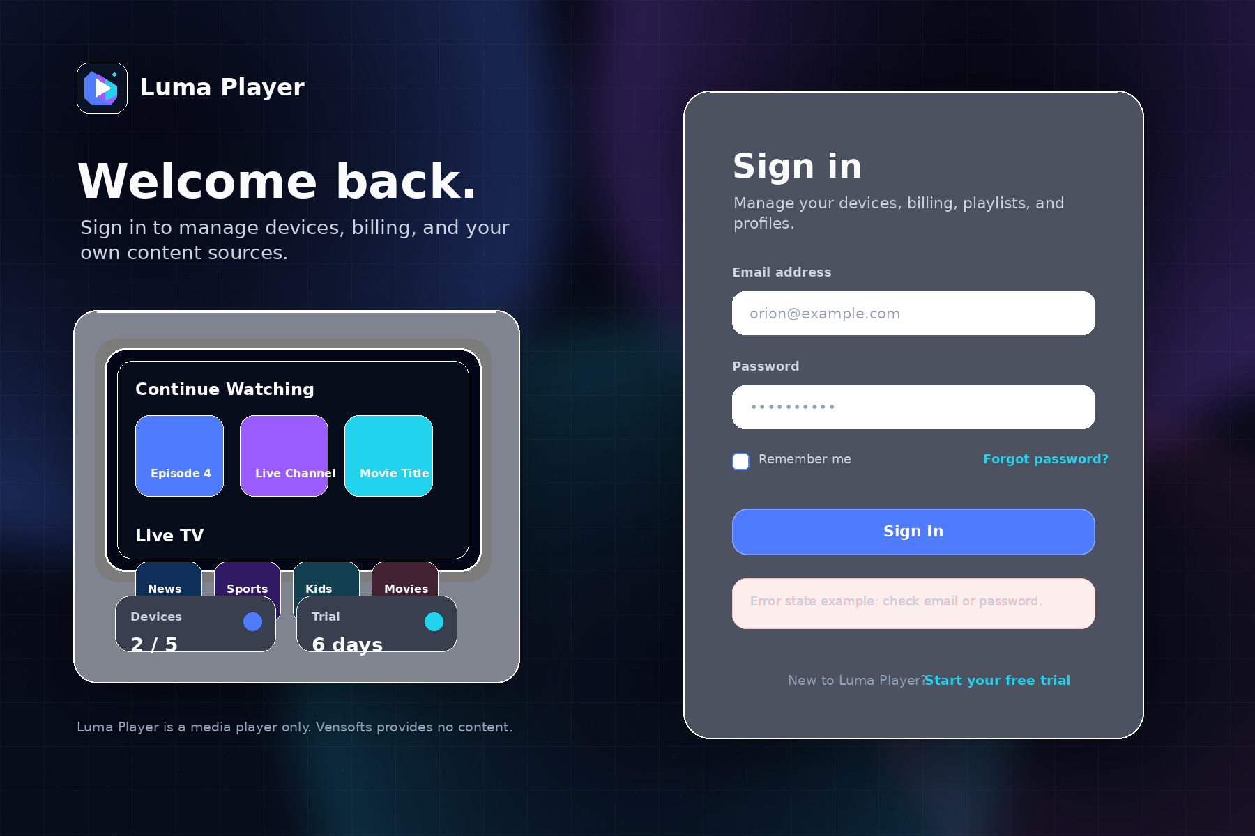 Premium Luma Player login design preview with generic interface elements.