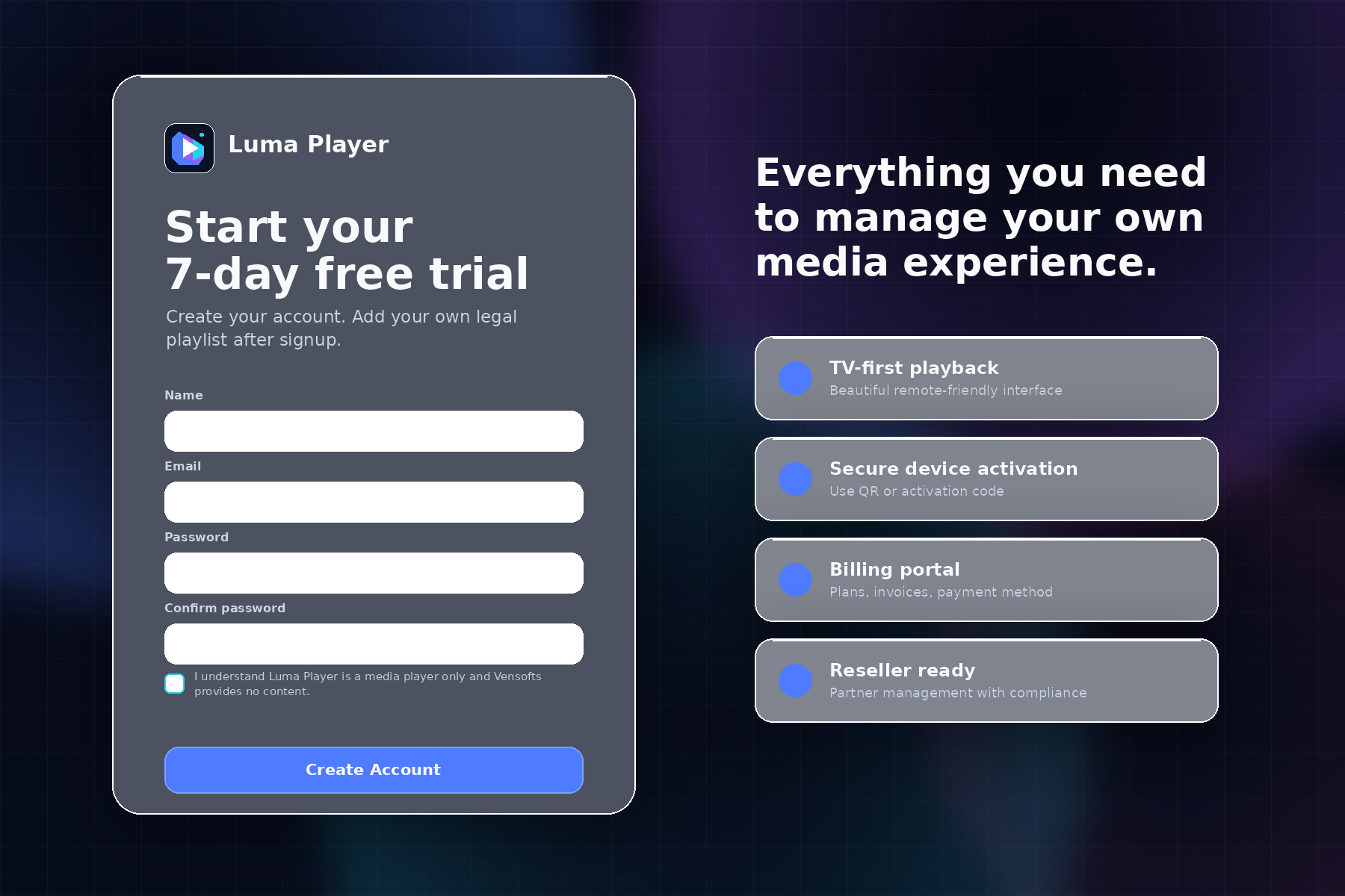 Premium Luma Player signup design preview with generic trial and device elements.